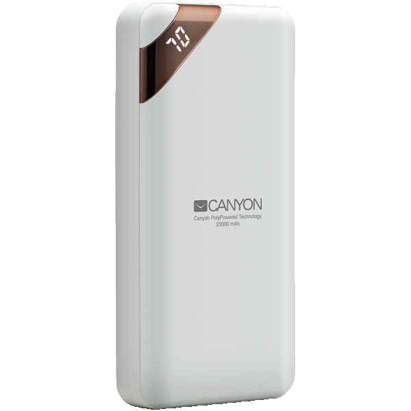 CANYON Power bank 20000mAh  Li-poly battery, Input 5V2A, Output 5V2.1A(Max), with Smart IC and power display, White, USB cable length 0.25m