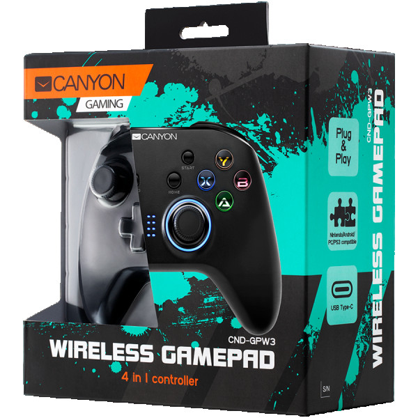 CANYON GP-W3 2.4G Wireless Controller with built-in 600mah battery, 1M Type-C charging cable ,6 axis motion sensor support nintendo switch ,android,PC X-inputD-input,ps3,normal size dongle,black ( CND-GPW3 ) 