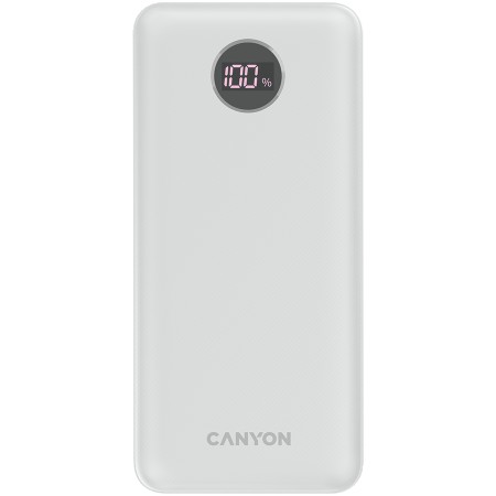 CANYON  PB-2002 Power bank 20000mAh Li-poly battery, Input Type-C 5V3A,9V2A,18W  , Output Type-C:5V3A,9V2.2A,12V1.5A,20W, Output USBA1USBA2:5V3A,5V4.5A,4.5V5A,9V2A,12V1.5A,22.5W147.5*69*28.6mm, 0.437g , cable  Type C, white ( CNE-CPB2002W ) 