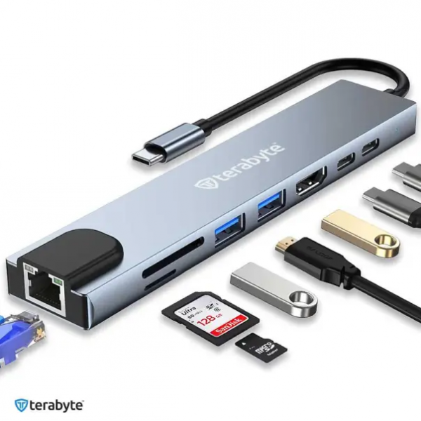 HUB Terabyte Type C na RJ45 2xUSB 3.0 HDMI 2xPD SD TF 8 u 1, Sivi