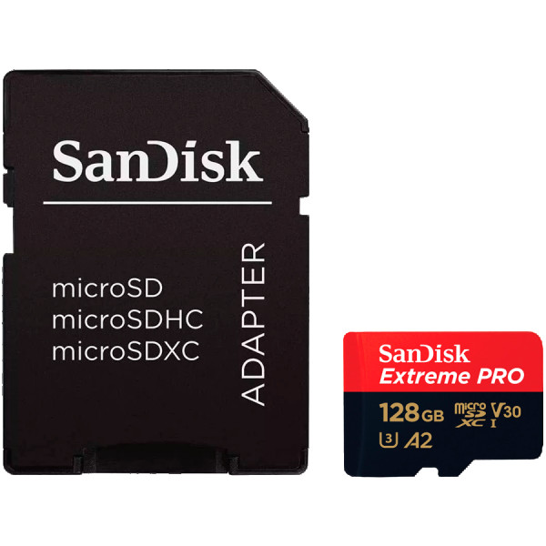 SANDISK Extreme PRO microSDXC 128GB + SD Adapter + 2 years RescuePRO Deluxe up to 200MBs & 90MBs ReadWrite speeds A2 C10 V30 UHS-I U3 ( SDS