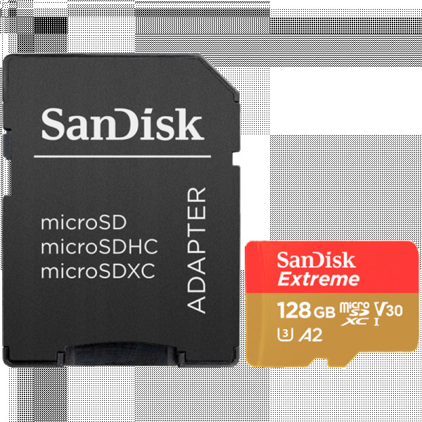 SANDISK Extreme microSDXC 128GB + SD Adapter + 1 year RescuePRO Deluxe up to 190MBs & 90MBs ReadWrite speeds A2 C10 V30 UHS-I U3 ( SDSQXAA-